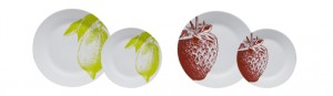 Assiettes Fruity porcelaine. Assiette plate Ø 26,5 cm : 1,99 €.  Assiette à dessert Ø 19 cm : 1,50 € (www.conforama.fr).