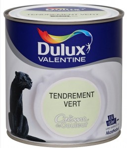 Dulux Valentine. Peinture « Crème de Couleur » (Tendrement vert) en pot de 0,5 l, 18,95 € - 2,5 l, 49,90 €. (www.duluxvalentine.com). 